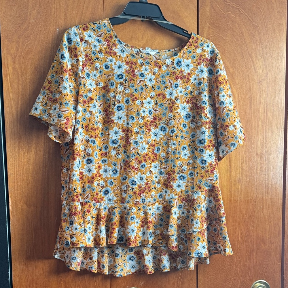 Time and Tru Floral Ruffle Blouse - Mustard and Blue
